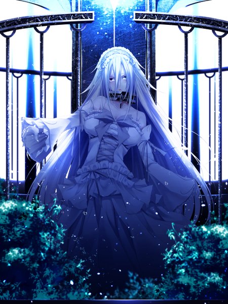Anime picture 1875x2500 with original yoaferia single long hair tall image looking at viewer fringe highres breasts blue eyes hair between eyes standing purple eyes bare shoulders payot silver hair parted lips heterochromia girl dress