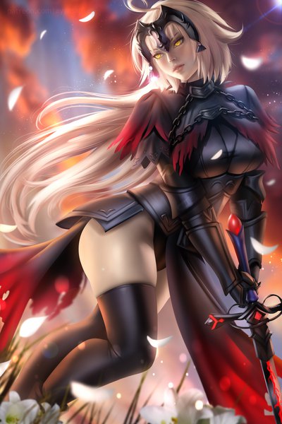 Anime picture 4000x6000 with fate (series) fate/grand order jeanne d'arc (fate) (all) jeanne d'arc alter (fate) jeanne d'arc alter (avenger) (third ascension) (fate) ayyasap single long hair tall image highres breasts light erotic large breasts standing holding signed yellow eyes looking away absurdres sky
