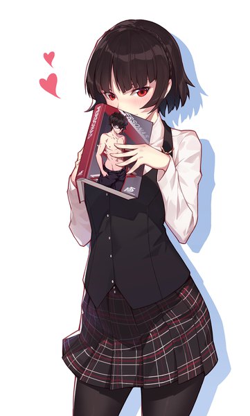 Anime picture 1085x1800 with persona 5 persona niijima makoto nian (zhanian) single tall image looking at viewer blush fringe short hair black hair red eyes standing white background holding braid (braids) pleated skirt shadow plaid skirt covered mouth