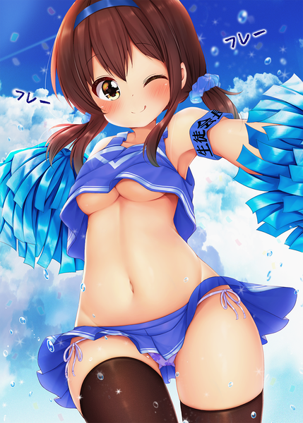 Anime picture 1000x1399 with original minato (ojitan gozaru) single long hair tall image looking at viewer blush fringe breasts light erotic smile hair between eyes brown hair twintails bare shoulders yellow eyes payot sky cloud (clouds) head tilt