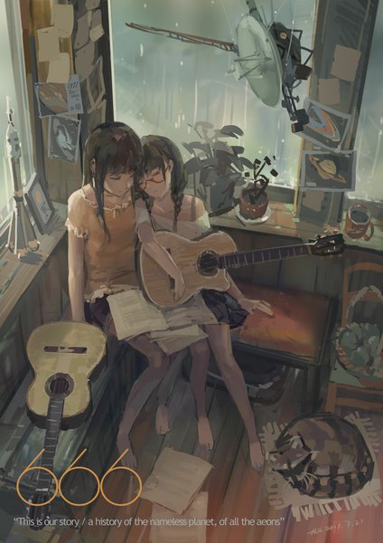 Anime picture 661x935 with original hjl long hair tall image brown hair sitting multiple girls holding lying braid (braids) eyes closed head tilt pleated skirt from above inscription short sleeves no shoes twin braids rain sleeping