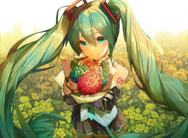 Anime-Bild 2400x1763 mit vocaloid hatsune miku munseonghwa single looking at viewer blush fringe highres smile hair between eyes standing twintails holding outdoors very long hair pleated skirt aqua eyes aqua hair tattoo crossed arms