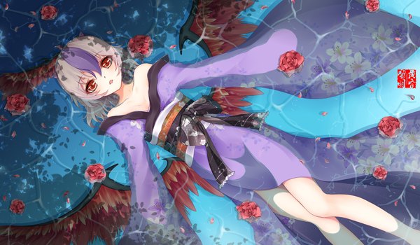 Anime picture 1800x1050 with touhou tokiko (touhou) dusk/dawn highres short hair open mouth red eyes wide image bare shoulders silver hair lying traditional clothes japanese clothes multicolored hair two-tone hair streaked hair girl flower (flowers) petals wings