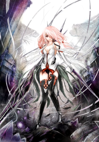 Anime picture 700x1000 with guilty crown production i.g yuzuriha inori nonoririn single long hair tall image fringe light erotic red eyes standing twintails bare shoulders pink hair cleavage full body parted lips hair over one eye low twintails destruction