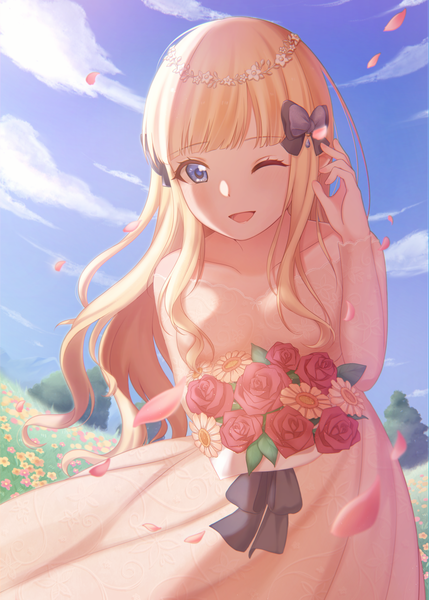 Anime picture 2592x3624 with princess connect! re:dive princess connect! saren (princess connect!) xhi ragix single long hair tall image looking at viewer fringe highres open mouth blue eyes blonde hair smile bare shoulders payot sky cloud (clouds) outdoors blunt bangs
