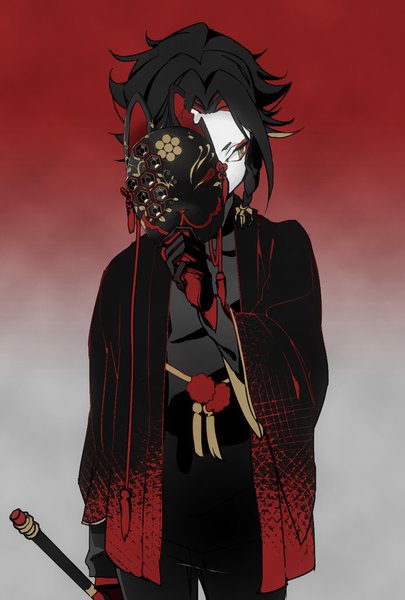 Anime picture 779x1154 with original aoi sakurako single tall image short hair black hair simple background standing holding yellow eyes looking away traditional clothes japanese clothes wide sleeves eyeshadow covering eye (eyes) boy gloves mask haori