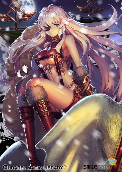 Anime picture 600x840 with qurare: magic library r.alnilam single long hair tall image fringe breasts blue eyes light erotic large breasts sitting silver hair bent knee (knees) sleeveless girl boots thigh boots eyepatch