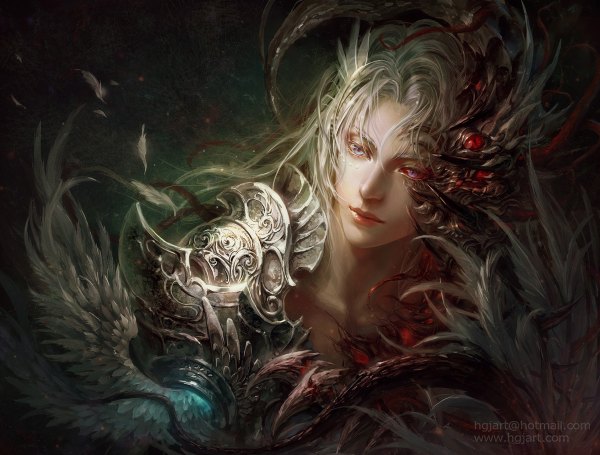 Anime picture 1200x910 with original hgjart long hair blonde hair red eyes purple eyes aqua eyes realistic heterochromia angel wings demon boy armor feather (feathers) claws