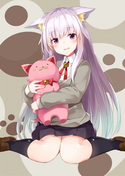 Anime picture 857x1200 with original takehana note single long hair tall image looking at viewer blush fringe open mouth smile sitting purple eyes animal ears silver hair purple hair long sleeves head tilt cat ears cat girl wariza