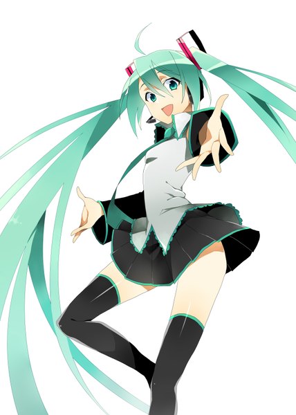 Anime picture 2551x3578 with vocaloid hatsune miku catgirl0926 single tall image highres open mouth simple background white background twintails ahoge very long hair aqua eyes aqua hair girl thighhighs skirt hair ornament black thighhighs detached sleeves