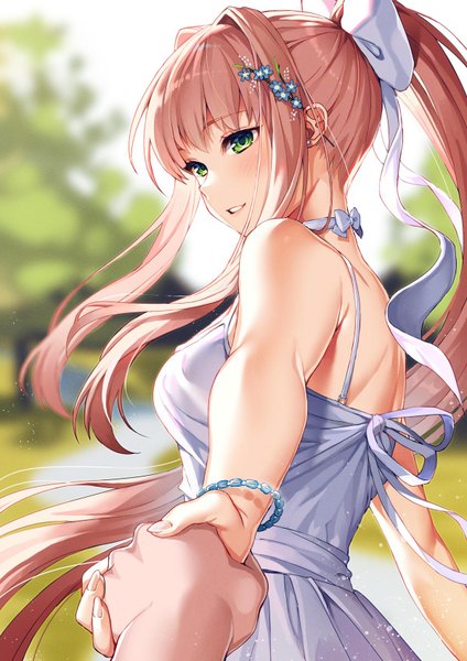 Anime picture 1200x1698 with doki doki literature club monika (doki doki literature club) satchely long hair tall image looking at viewer blush fringe breasts smile brown hair bare shoulders green eyes payot outdoors ponytail blunt bangs parted lips looking back hair flower