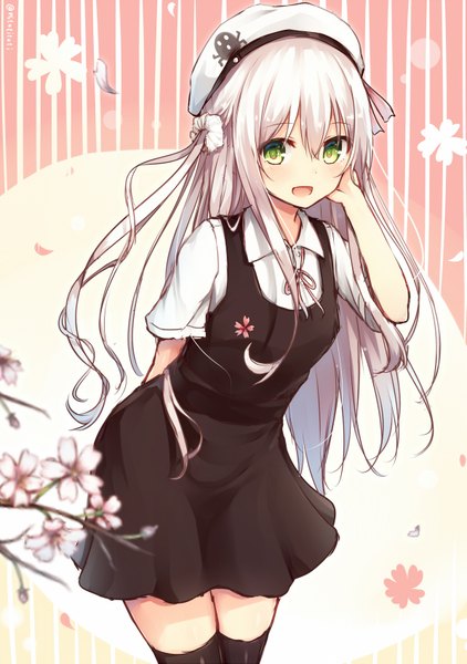 Anime picture 1193x1695 with original mitoko (tsuchikure) tsuchikure (3105mitoko) single long hair tall image looking at viewer blush fringe open mouth smile hair between eyes standing green eyes signed payot white hair :d short sleeves depth of field