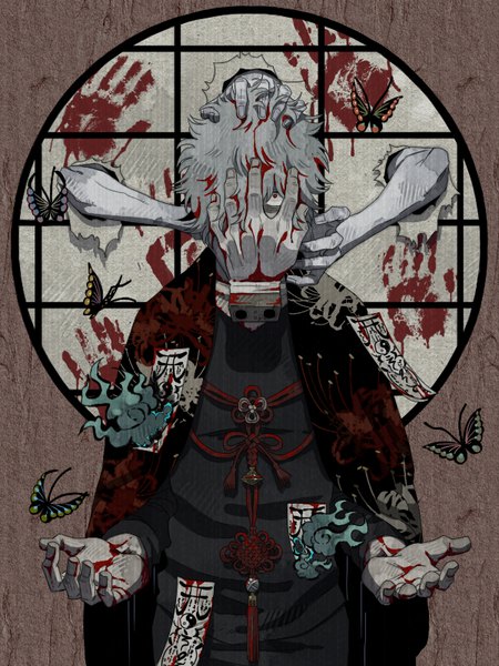Anime picture 600x800 with boku no hero academia studio bones shigaraki tomura nekodou (yukatin1000) tall image looking at viewer fringe short hair red eyes silver hair traditional clothes japanese clothes floral print covering blood on face blood stains covering face hand print boy flower (flowers)