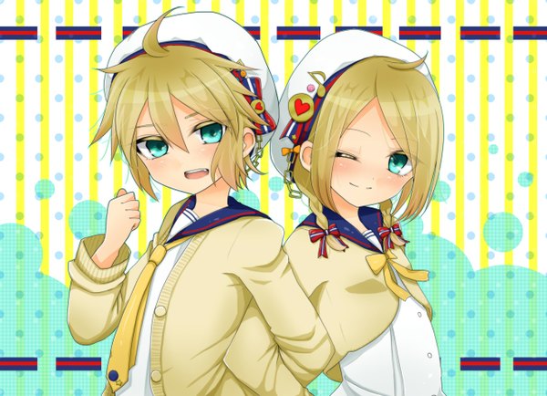 Anime picture 1317x954 with vocaloid kagamine rin kagamine len tagme (artist) blush short hair open mouth blue eyes blonde hair smile one eye closed wink twins back to back girl boy uniform school uniform necktie bowtie