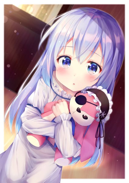 Anime picture 1452x2048 with gochuumon wa usagi desu ka? white fox kafuu chino rouka (akatyann) single long hair tall image looking at viewer blush fringe highres open mouth blue eyes hair between eyes blue hair loli dutch angle border girl toy