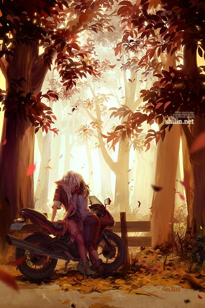 Anime picture 667x1000 with original carciphona veloce visrin blackbird shilin long hair tall image brown hair multiple girls signed white hair shoujo ai kiss girl 2 girls plant (plants) tree (trees) leaf (leaves) forest motorcycle