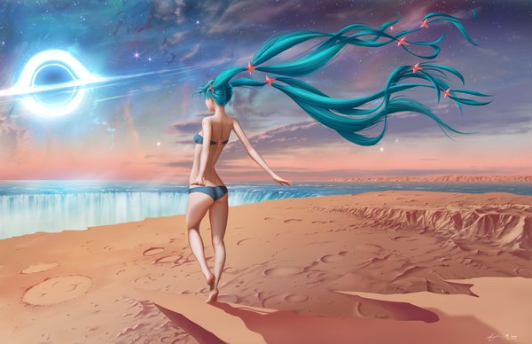 Anime picture 2400x1550 with vocaloid hatsune miku haydenm single highres breasts light erotic twintails bare shoulders signed looking away sky very long hair barefoot wind from behind aqua hair bare legs bare belly shadow