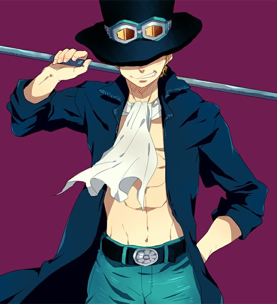Anime picture 730x800 with one piece toei animation sabo (one piece) guttary single tall image short hair simple background blonde hair smile open clothes hand in pocket purple background goggles on head boy weapon hat belt coat goggles