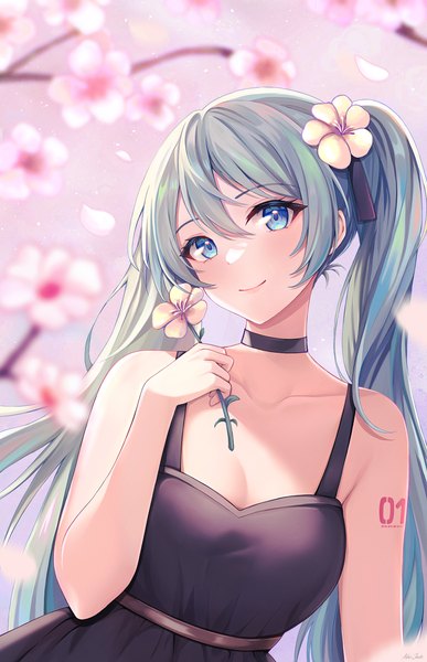 Anime-Bild 1804x2800 mit vocaloid hatsune miku narijade single long hair tall image looking at viewer blush fringe highres breasts blue eyes smile hair between eyes twintails bare shoulders cleavage upper body head tilt hair flower
