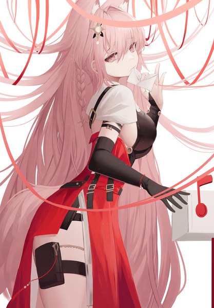Anime picture 2413x3472 with arknights pozyomka (arknights) mea (hwaksal) single tall image looking at viewer fringe highres breasts light erotic simple background hair between eyes large breasts standing white background holding animal ears pink hair tail braid (braids)