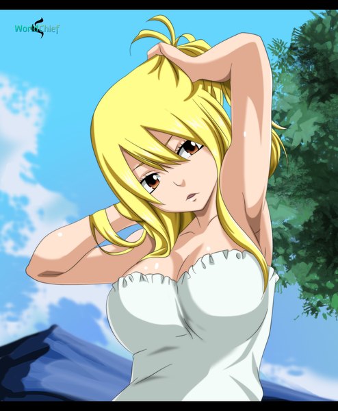 Anime picture 2000x2428 with fairy tail lucy heartfilia lworldchiefl single long hair tall image highres open mouth blonde hair bare shoulders brown eyes sky cloud (clouds) armpit (armpits) coloring adjusting hair mountain girl dress plant (plants)