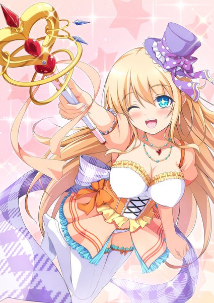 Anime picture 1500x2118 with original tiphereth single long hair tall image looking at viewer blush breasts open mouth blue eyes light erotic blonde hair large breasts one eye closed wink girl thighhighs dress hat white thighhighs
