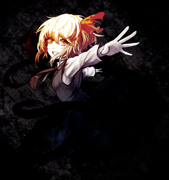 Anime picture 1500x1594 with touhou rumia eruza single tall image short hair open mouth blonde hair red eyes dark background spread arms girl dress ribbon (ribbons) hair ribbon necktie