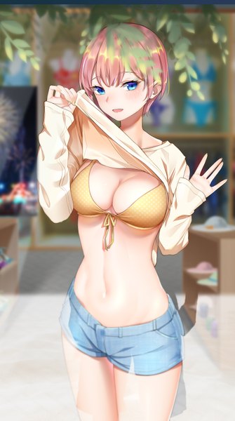 Anime picture 1940x3475 with go-toubun no hanayome nakano ichika kongbai single tall image looking at viewer blush fringe highres short hair breasts open mouth blue eyes light erotic pink hair bare belly girl navel shorts short shorts