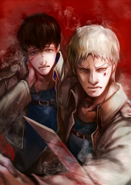 Anime picture 707x1000 with shingeki no kyojin production i.g bertolt hoover reiner braun bakeddeer tall image fringe short hair open mouth black hair blonde hair brown eyes lips multiple boys scar red background covering angry bleeding boy