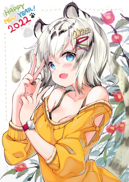 Anime picture 868x1228 with original juna single tall image blush fringe short hair breasts open mouth blue eyes hair between eyes animal ears cleavage silver hair upper body tail nail polish animal tail fang (fangs) victory