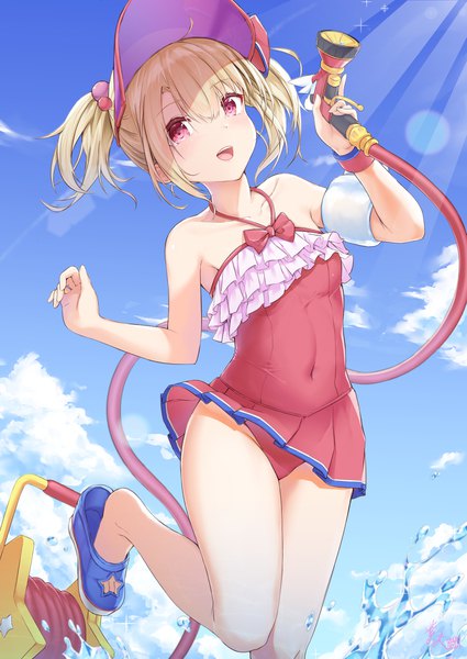 Anime picture 1669x2356 with fate (series) fate/grand order fate/kaleid liner prisma illya illyasviel von einzbern illyasviel von einzbern (swimsuit archer) (fate) shiunnkaku single tall image looking at viewer fringe short hair open mouth light erotic blonde hair smile hair between eyes red eyes standing twintails bare shoulders