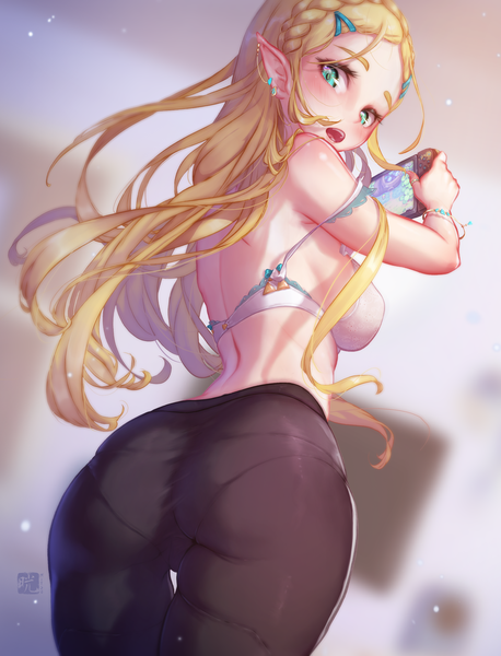 Anime picture 2472x3240 with the legend of zelda the legend of zelda: breath of the wild nintendo princess zelda mitsu (mitsu art) single long hair tall image blush fringe highres breasts open mouth light erotic blonde hair standing holding green eyes signed ass