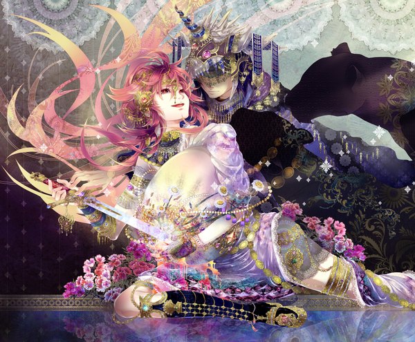 Anime picture 2176x1796 with original yukimichi (nieko) highres open mouth red eyes pink hair very long hair couple girl dress boy gloves hair ornament flower (flowers) weapon animal sword choker headdress jewelry
