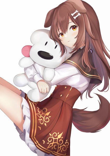 Anime picture 848x1200 with virtual youtuber hololive inugami korone hoso-inu fuji noyume single long hair tall image looking at viewer fringe simple background hair between eyes brown hair white background animal ears tail animal tail orange eyes official alternate costume underbust