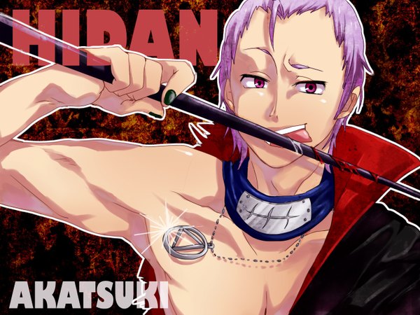 Anime picture 1400x1050 with naruto studio pierrot naruto (series) hidan single looking at viewer short hair smile red eyes purple eyes purple hair nail polish torn clothes akatsuki tongue pendant blood cloak bandana