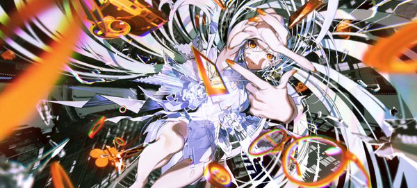 Anime picture 8000x3618 with original yoneyama mai single looking at viewer fringe highres breasts hair between eyes wide image absurdres white hair very long hair nail polish parted lips fingernails blurry orange eyes dutch angle anaglyph falling