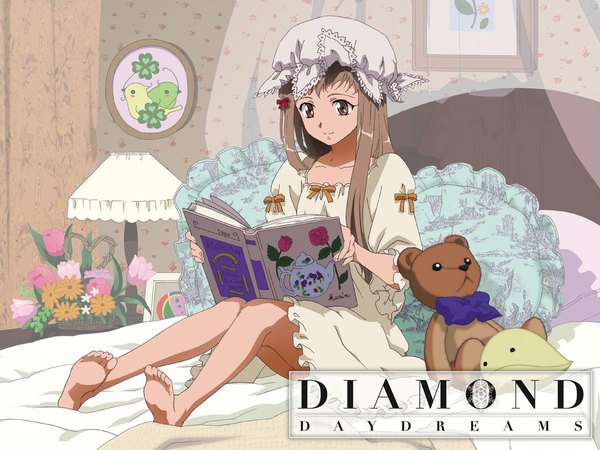 Anime picture 1600x1200 with kita e ~diamond dust drops~ shiraishi karin single long hair brown hair sitting brown eyes full body indoors barefoot light smile wallpaper copyright name reading girl flower (flowers) pillow book (books) bed toy