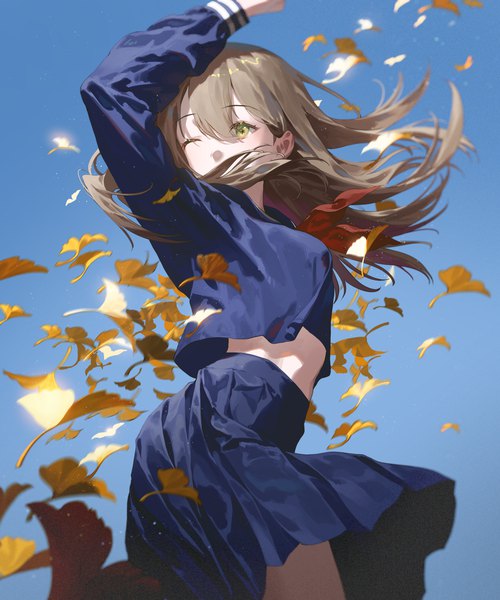 Anime picture 2500x3000 with original fajyobore single long hair tall image fringe highres hair between eyes brown hair standing green eyes looking away sky outdoors long sleeves pleated skirt one eye closed arm up wind wind lift
