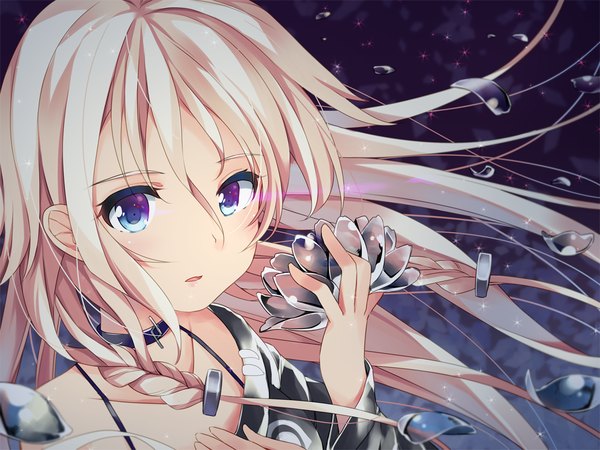 Anime picture 1024x768 with vocaloid ia (vocaloid) sudachic single long hair looking at viewer blue eyes blonde hair braid (braids) parted lips wind twin braids multicolored eyes girl flower (flowers) petals choker