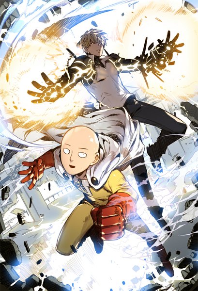 Anime picture 600x880 with one-punch man madhouse saitama (one-punch man) genos empew tall image fringe short hair open mouth blonde hair looking away multiple boys spread arms black sclera bald explosion superhero boy gloves cape