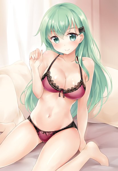 Anime picture 690x1000 with kantai collection suzuya heavy cruiser nikoo single long hair tall image looking at viewer blush fringe breasts light erotic smile hair between eyes sitting bare shoulders bent knee (knees) indoors head tilt arm up aqua eyes