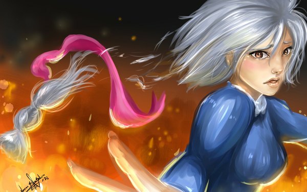 Anime picture 1680x1050 with howl's moving castle studio ghibli sophie hatter single short hair wide image brown eyes silver hair girl ribbon (ribbons) fire teardrop flame