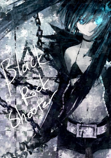 Anime picture 2805x3968 with black rock shooter black rock shooter (character) dreamlight2000 single long hair tall image looking at viewer highres open mouth blue eyes black hair twintails inscription glowing scar glowing eye (eyes) girl weapon shorts belt