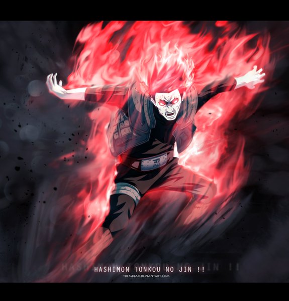 Anime picture 1024x1070 with naruto studio pierrot naruto (series) might guy tremblax single tall image short hair open mouth black hair red eyes coloring magic glowing letterboxed spread arms angry dust boy vest
