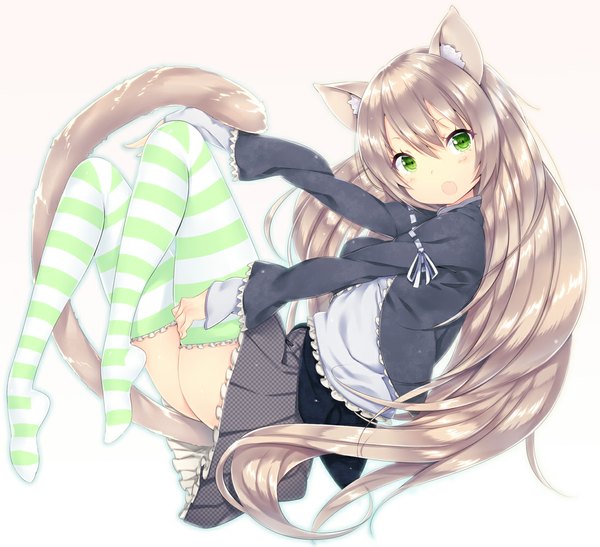 Anime picture 1100x1003 with original zizi (zz22) single long hair looking at viewer open mouth simple background brown hair white background green eyes animal ears tail animal tail cat ears cat girl cat tail no shoes girl thighhighs skirt