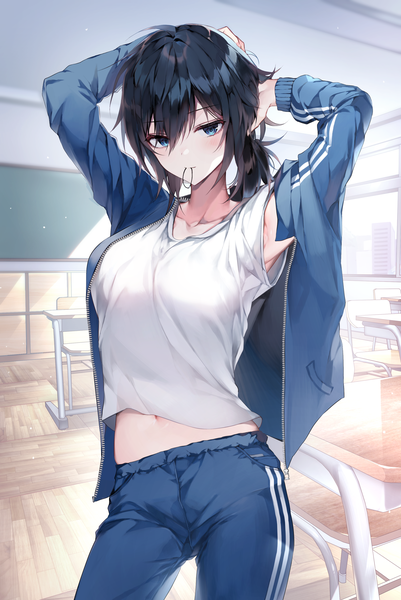 Anime picture 2280x3408 with original yokoyama ishimi bara (03 bara ) single long hair tall image looking at viewer blush fringe highres breasts blue eyes black hair hair between eyes large breasts standing blurry arms up open jacket depth of field
