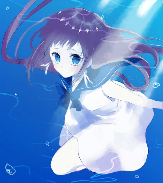Anime picture 1000x1122 with nagi no asukara p.a. works mukaido manaka ahma single long hair tall image looking at viewer fringe blue eyes smile brown hair sunlight underwater sunbeam girl dress water white dress bubble (bubbles)