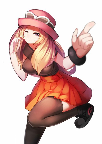 Anime-Bild 800x1124 mit pokemon pokemon xy nintendo serena (pokemon) ririko (zhuoyandesailaer) single long hair tall image looking at viewer simple background blonde hair smile white background purple eyes pleated skirt one eye closed wink pointing girl thighhighs