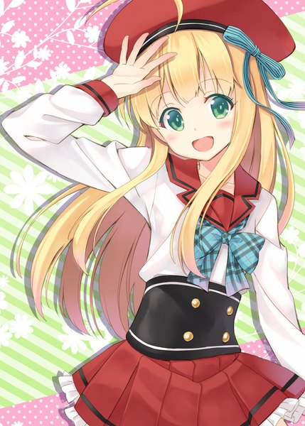 Anime picture 800x1119 with original hyuuga azuri single long hair tall image looking at viewer blush open mouth blonde hair green eyes girl skirt flower (flowers) ribbon (ribbons) miniskirt shirt bowtie beret