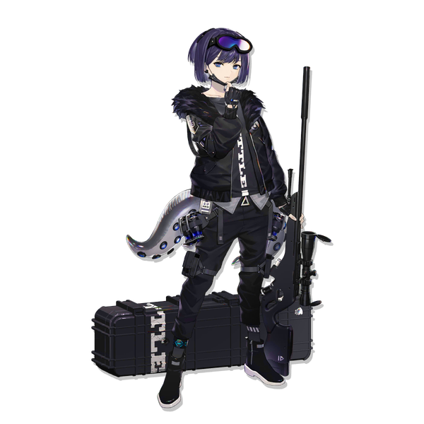 Anime picture 1024x1024 with arknights andreana (arknights) liuli (llc) single looking at viewer short hair standing purple eyes purple hair full body open jacket official art transparent background goggles on head mask pull girl gloves weapon earrings jacket